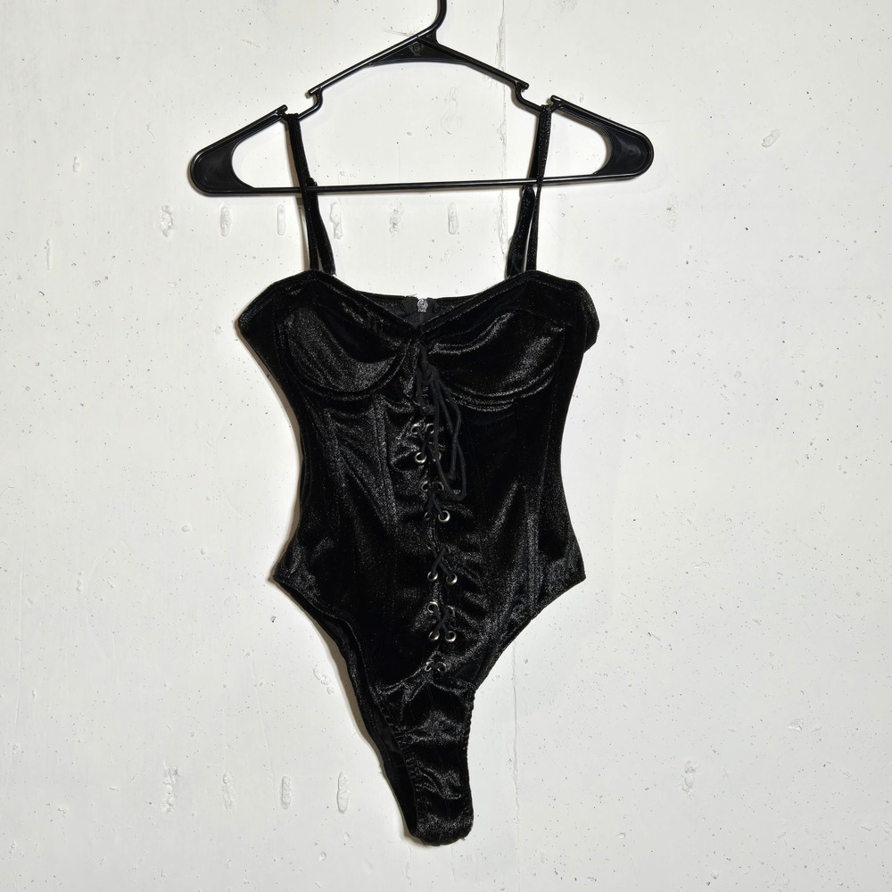 Forplay Black Crushed Velvet Lace Up Corset Bodysuit S/M Witchy Vamp Goth Club